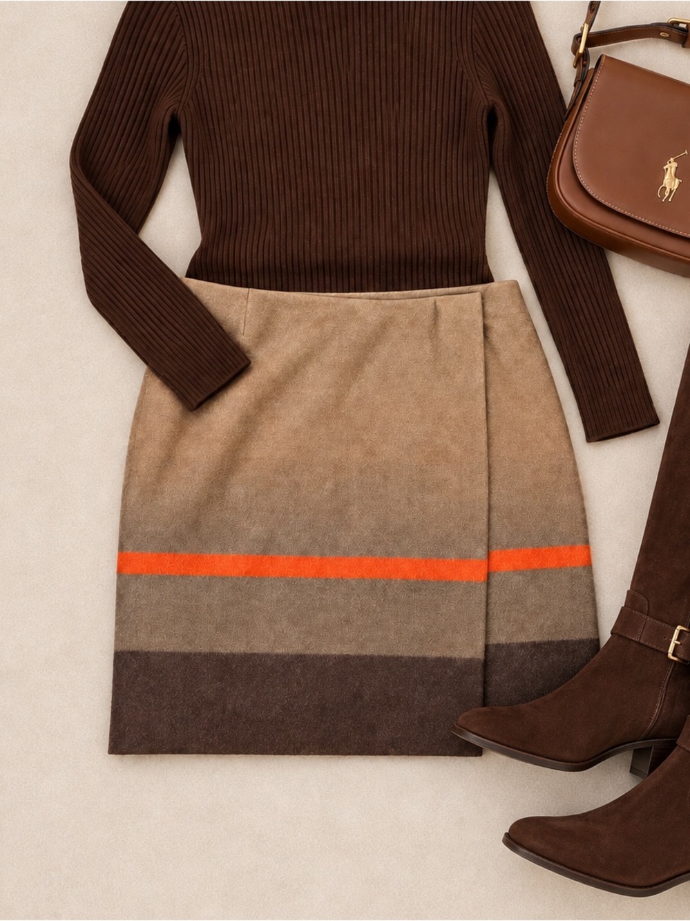 Weekend Max Mara Virgin Wool Wrap Skirt Contrast Stripe Beige Size 2 NWOT